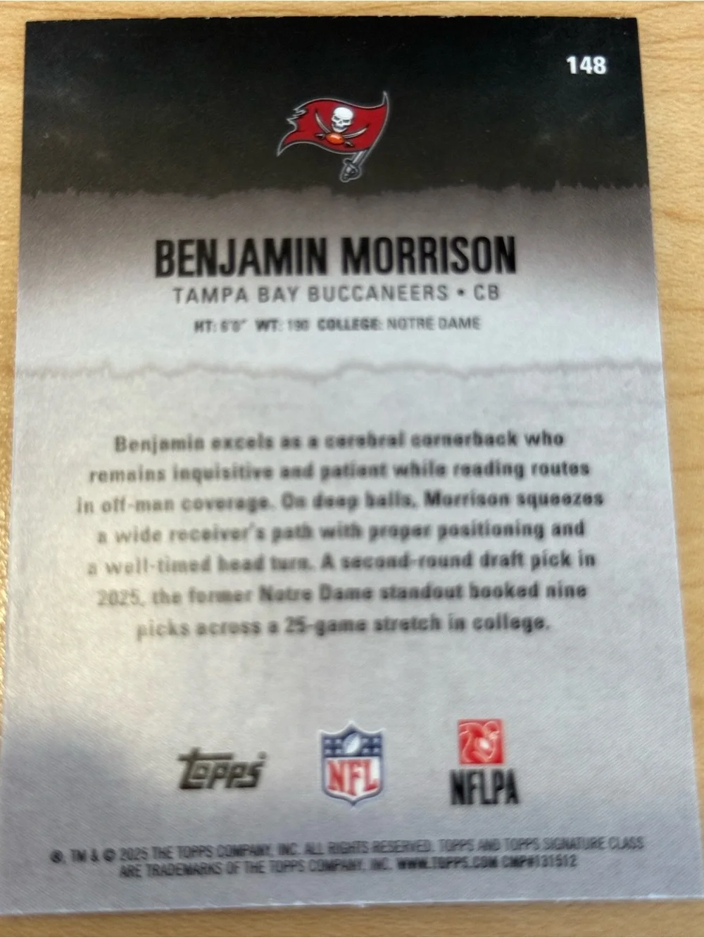 2025 Topps Signature Class Chrome Refractor Benjamin Morrison RC #148 Buccaneers